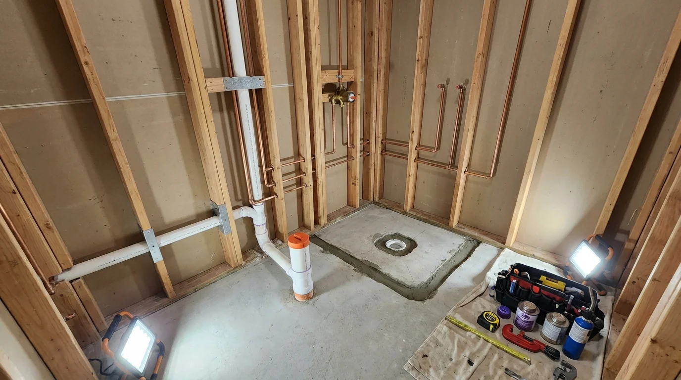 Bathroom rough-in plumbing during remodel by Johns Plumbing LLC in Wilkesboro