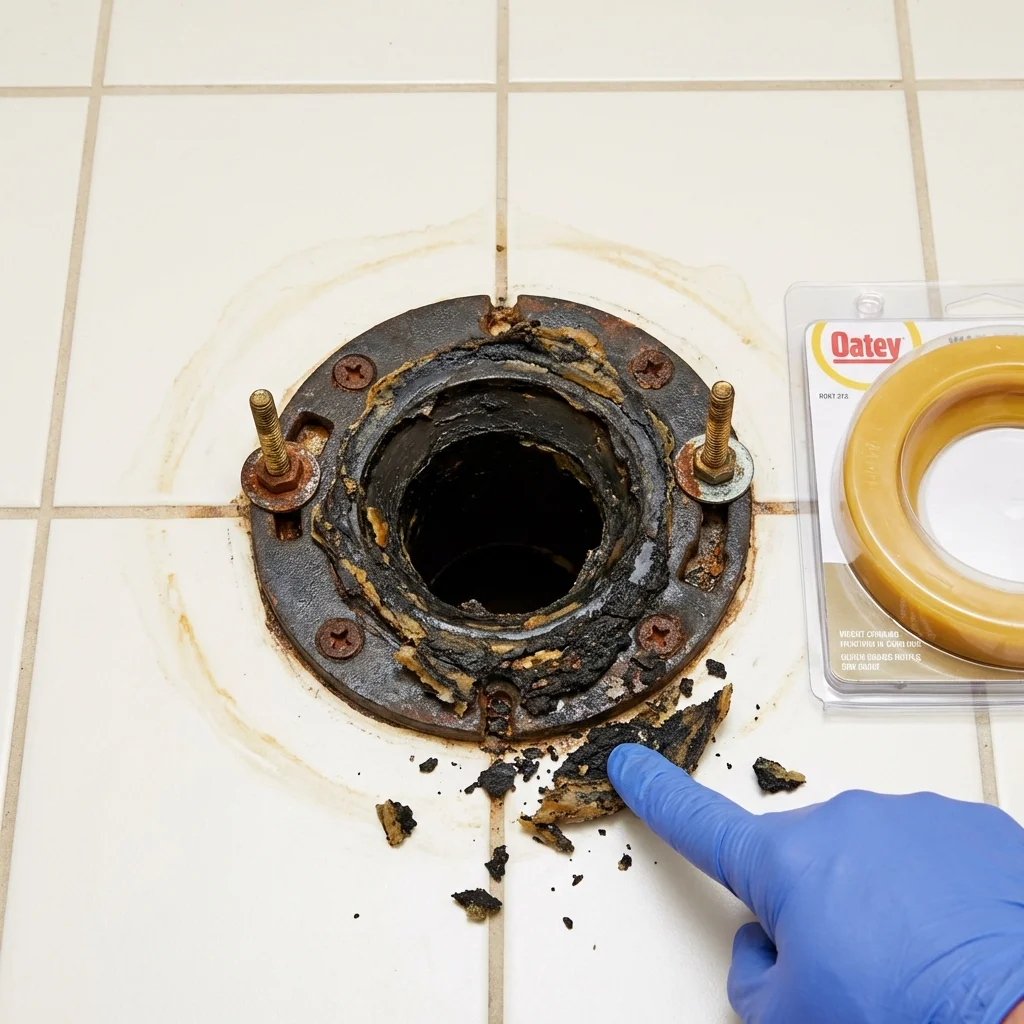 Failed wax ring showing water seepage at the base of a toilet in a Wilkesboro, NC home