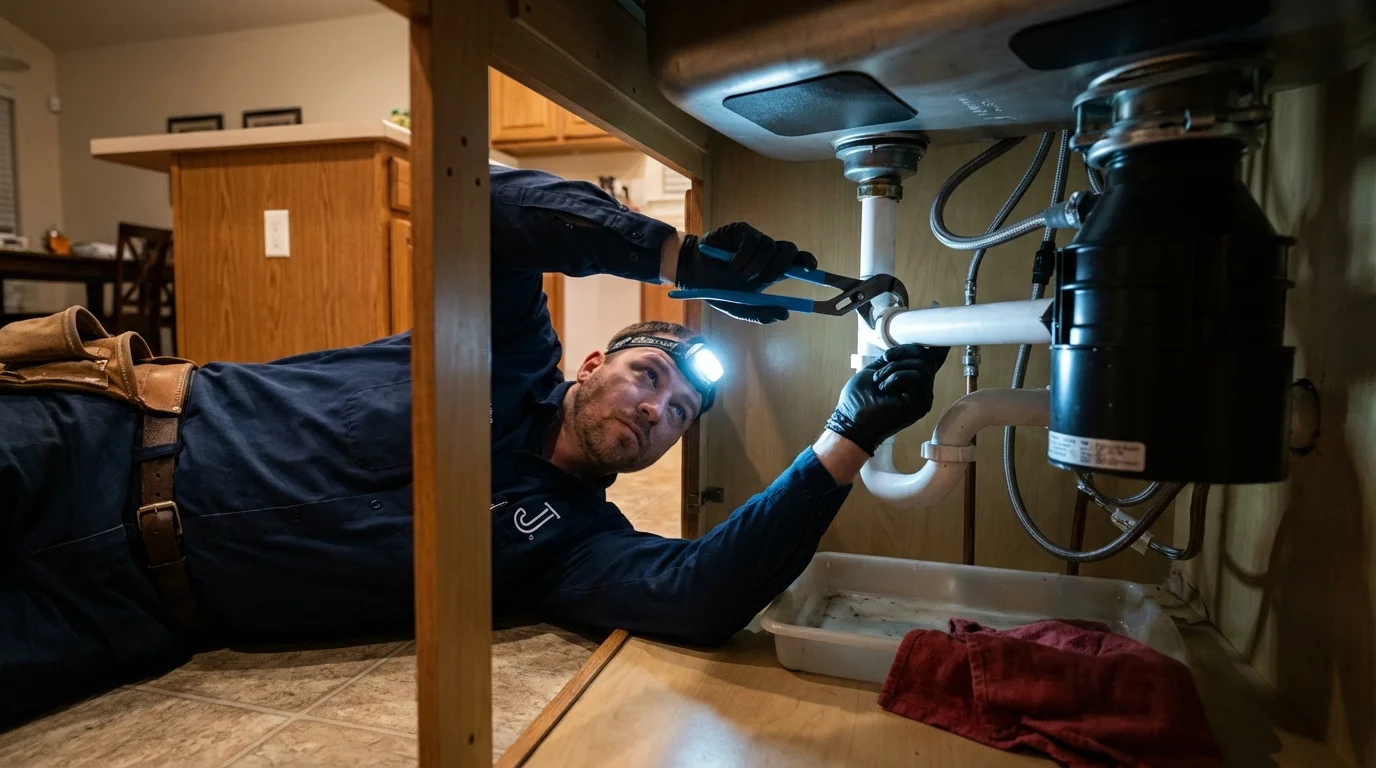 P-trap and supply line connections under a kitchen sink showing a common leak point in Wilkesboro, NC